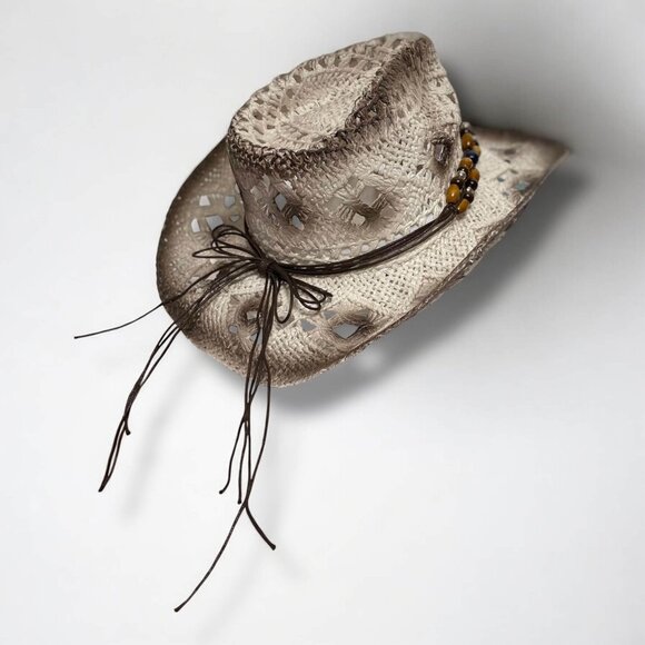 White Brown Crochet Straw Cowboy Hat Turquoise Beaded Band - Picture 4 of 4